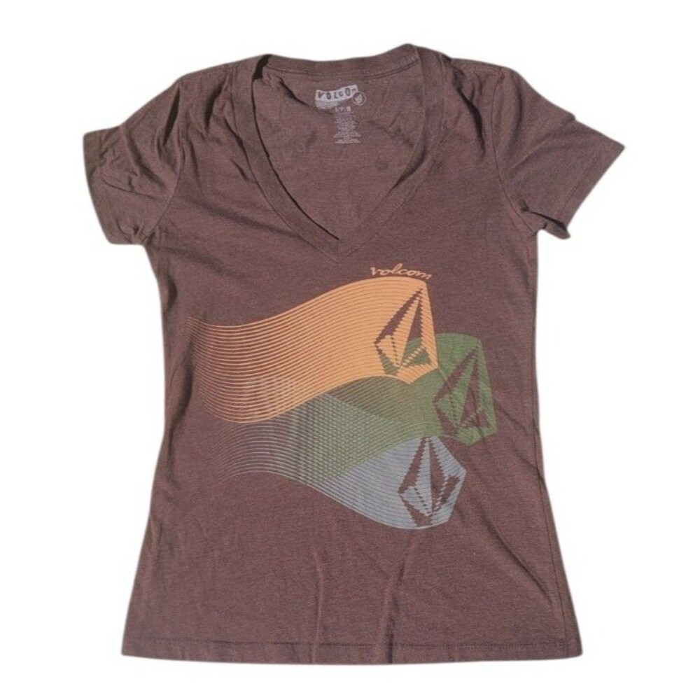 Volcom Women's Brown V-Neck Graphic T-Shirt Size Small Gently Used Excellent